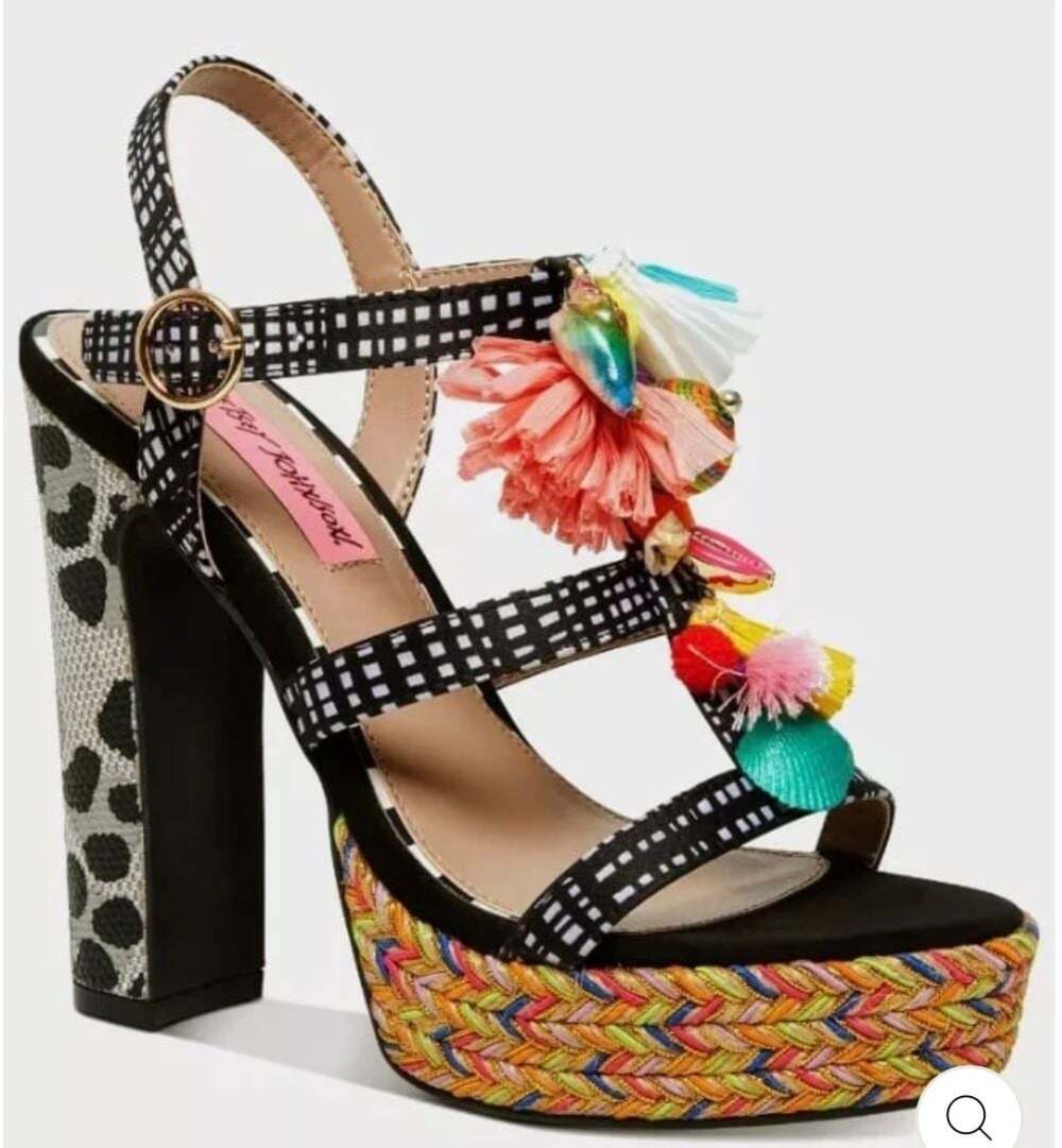 Betsey Johnson Marcyy Black White Gingham Shell Tassel Platform Heels Sandals